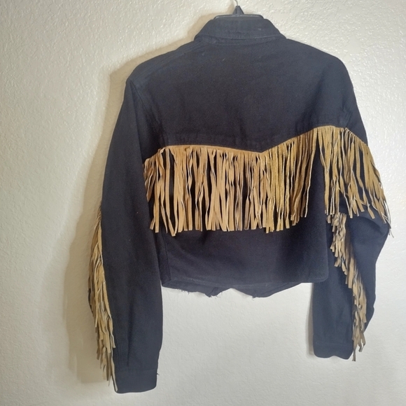 Morganwear Black Denim Western Fringe Festive Turquoise Buttoned Jacket Sz M - Picture 7 of 10